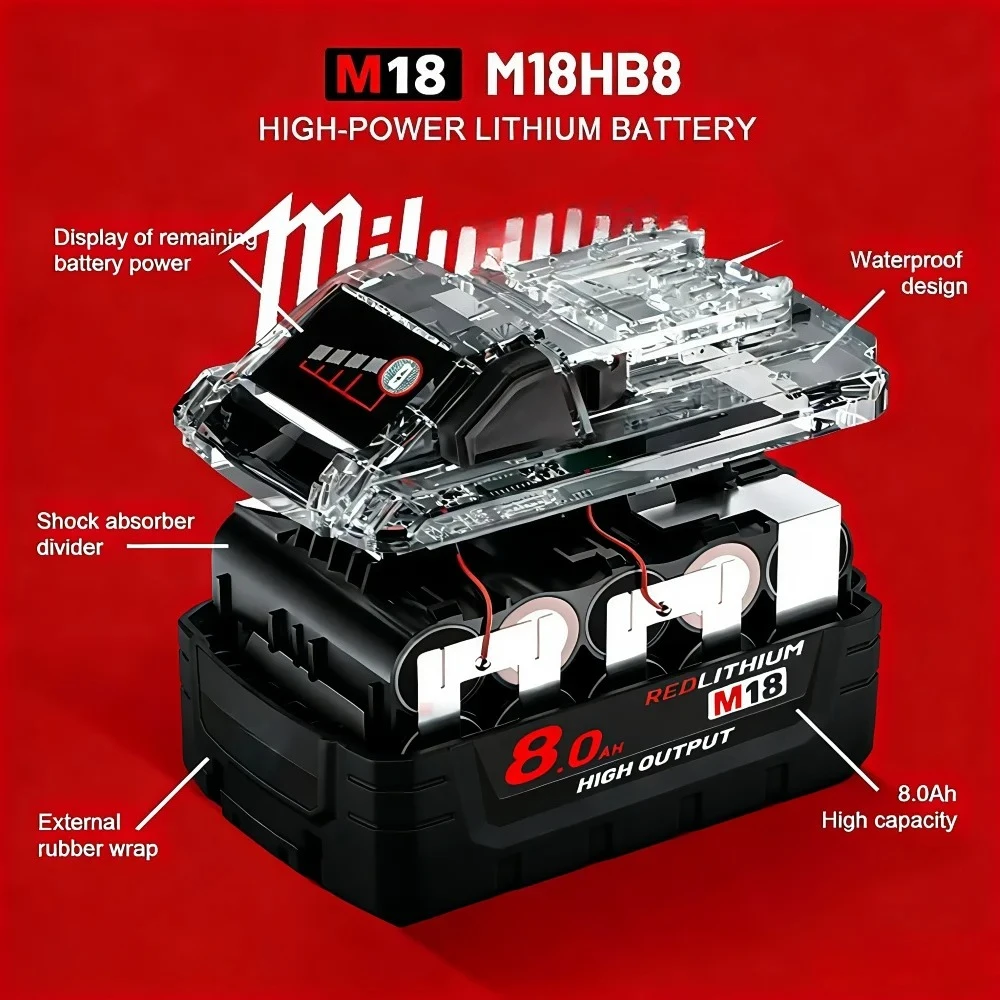 Originální baterie pro Milwaukee M18 6.0/8.0Ah, vyrobeno s vysoce výkonnými články 18650 pro 48-11-1815 2604-202604-22 Všechny nástroje M18 - náhled 2