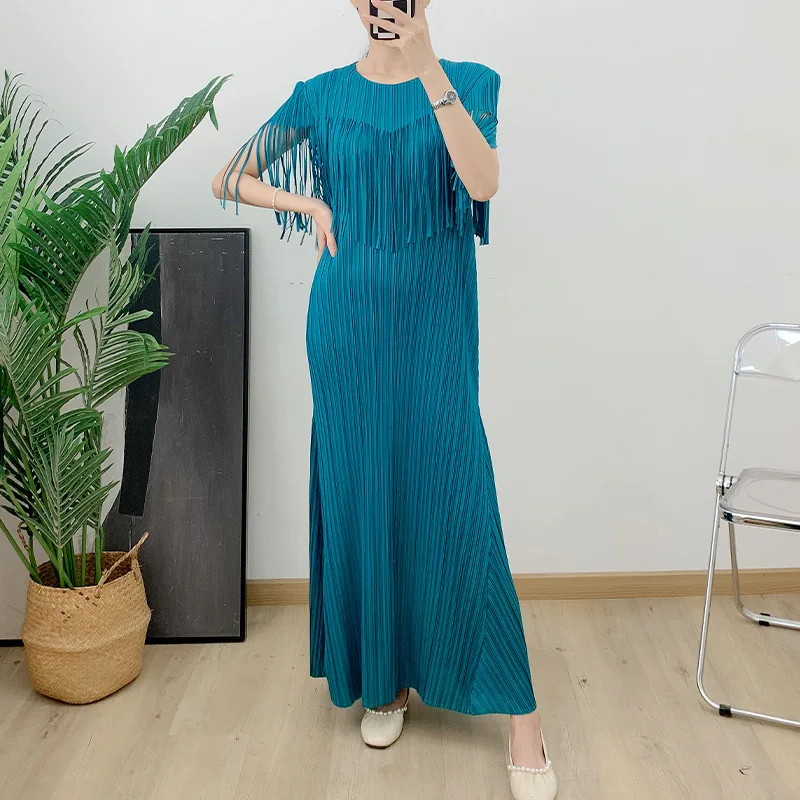 

Miyake Solid Color Pleated Dress 2024 Summer Fashion Slimming High End Fringe Long Dress Elastic Loose Women's Clothing Dresses