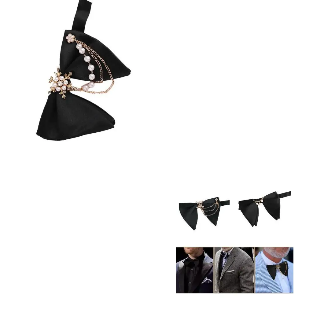 652F Men Men Black Bowtie Polyester Horn أقواس أقواس البوليستر مع سلسلة اللؤلؤ لحفلات حفلات الزفاف الحافلة إكسسوارات Tuxedo