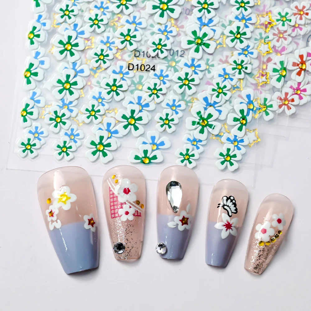 30pc Colorful Flowers With Rhinestone Nail Stickers 3D Green Blossom Floral Nail Decal Xmas Decor Adhesive Slider Tattoo Manicur