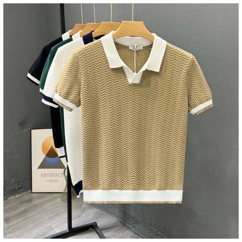 

Summer Thin Ice Silk Knitted Sweater Men's Short-sleeved Splicing Lapel Casual Popular POLO Shirt
