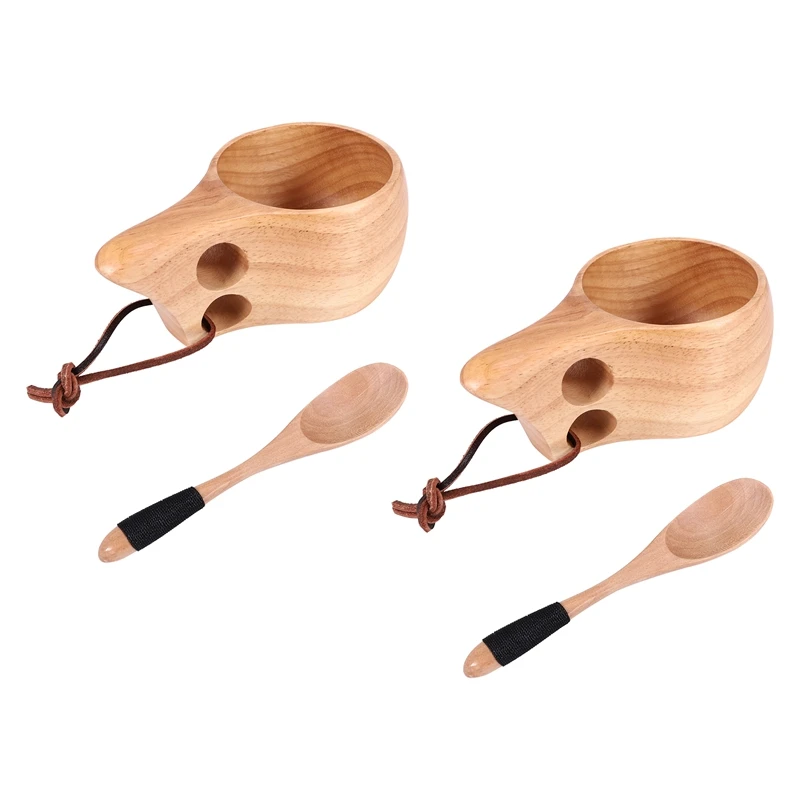 2Pack Nordic Style Wooden Cup Kuksa Cup Portable Outdoor Camping Drinking Mug Wooden Coffee Cup With Wooden Spoon