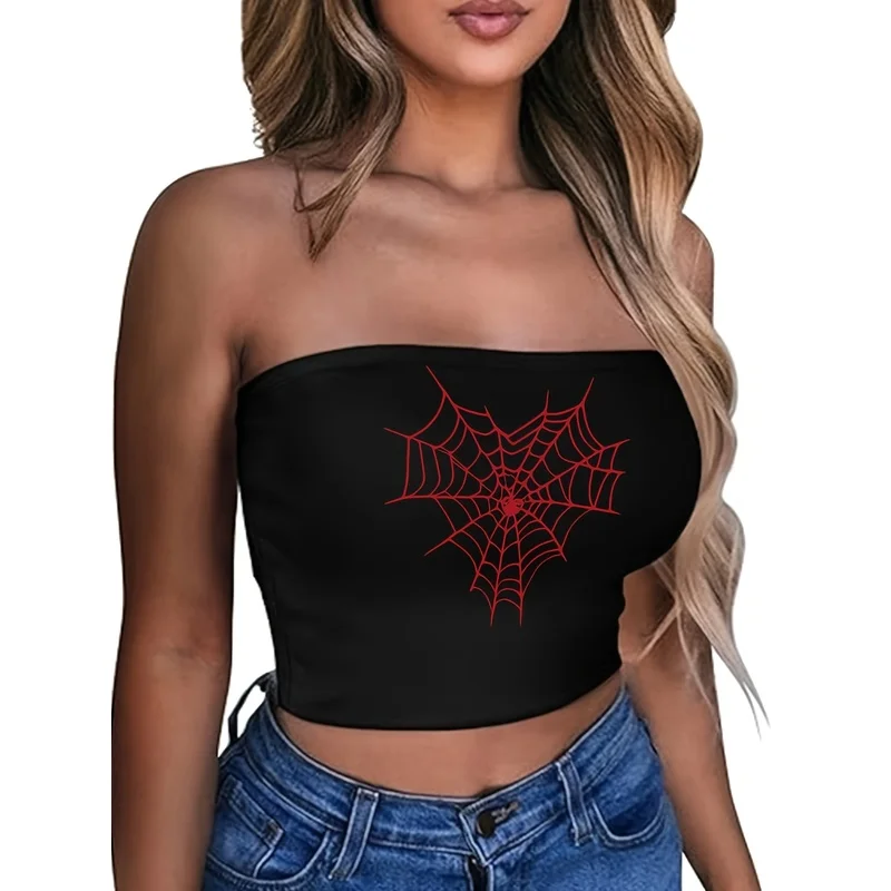 Gothic Red Heart Spider Web Graphic Bandeau Top Y2K Streetwear Strapless Crop Tube Top For Women
