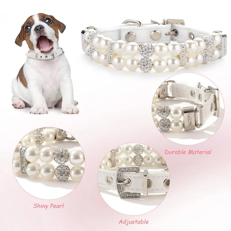 2Pcs Pearl Dog Collar Leash Set PU Leather Pearl Collar Leash with Crystal Rhinestone Luxury Dog Collars Neck Strap for Dog Cat