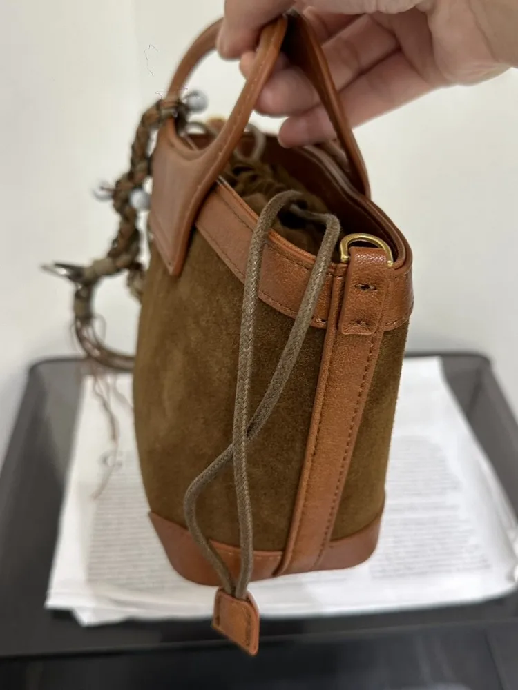 Retro Fashion Women Drawstring Suede Leather Patchwork PU Tote Handbag Casual Bucket Bag Single Shoulder Underarm Crossbody Bag
