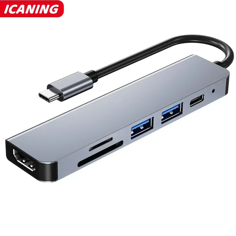 6 in 1 USB C Hubs Type C 3.0 Adapter to 4K HDMI SD TF Card PD Fast Charge Splitter USB Docking Stations Hub for MacBook Computer