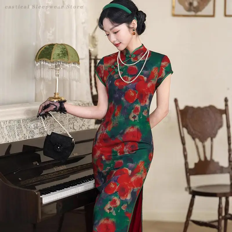 

Винтажное платье-футляр с цветочным принтом Qipao, элегантное модное улучшенное платье Cheongsam, большой размер 4XL, традиционное китайское платье, праздничное платье