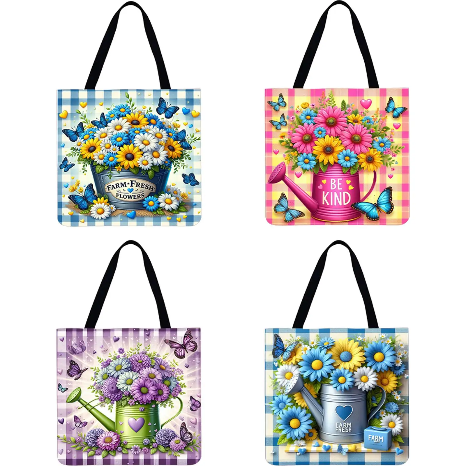 4 borse a tracolla per lo shopping da donna di grande capacità in lino con fiori