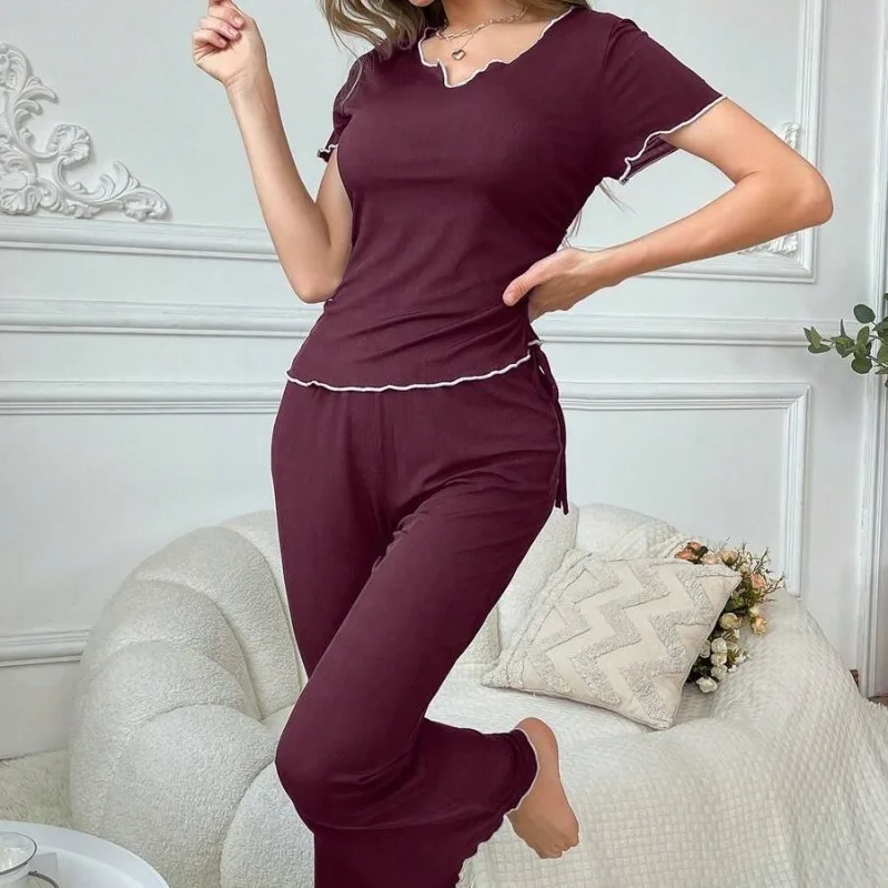 2pcs Set Women's Short Sleeve & Long Pants Loungewear Set Casual Soft Sleepwear Pajamas Home Wear Outfit