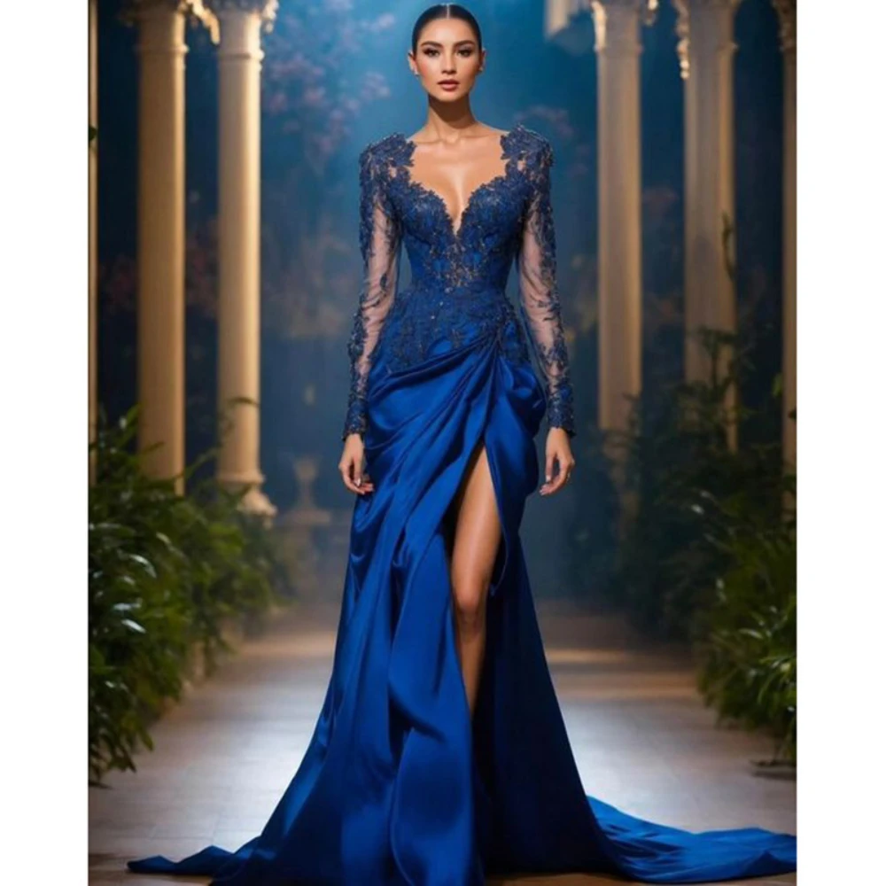 Blue Evening Dress for Pretty Women High Split V-Neck Long Sleeve Appliques Satin Formal Occasion High Quality платье женское