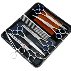 Profissional aço inoxidável Pet Grooming curvo tesoura Kit, cão tesouras Set, 7