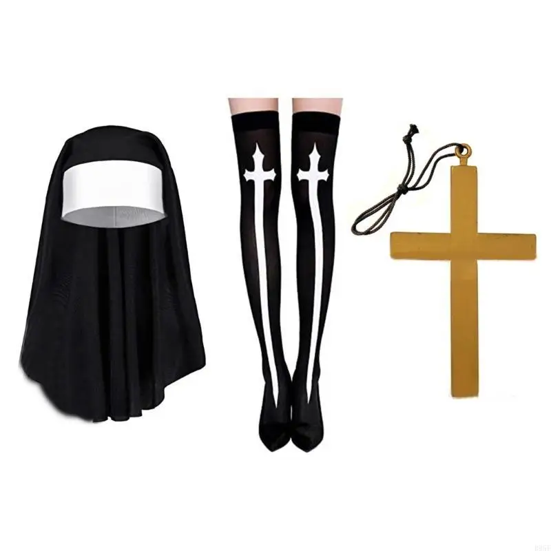 Ensemble Costume nonne B95F, collier avec pendentif croisé, chapeau nonne, d'accessoires nonne d'halloween
