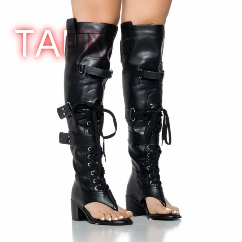

Black Open Toe Sandal Boot Belt Buckle Shoes For Women Thong Toe Thick Heel Zipper Shoes Sexy Lace Up Knee High Boot Size 44