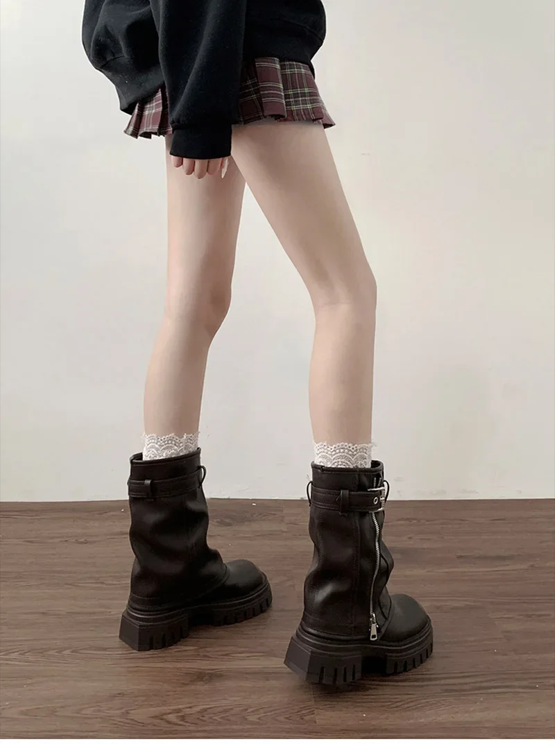 Winter Damen Biker Stiefel Mode Gürtelschnalle Elegante Plateau Flache Kurze Stiefeletten Lässige Damen Ritterstiefeletten – Detail 5