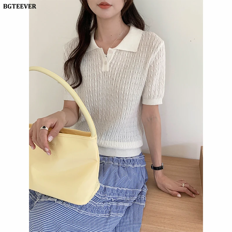 BGTEEVER 100% Cotton Preppy Style Cable Knit Top for Women Polo Collar Short-sleeved Summer Slimming T-shirt