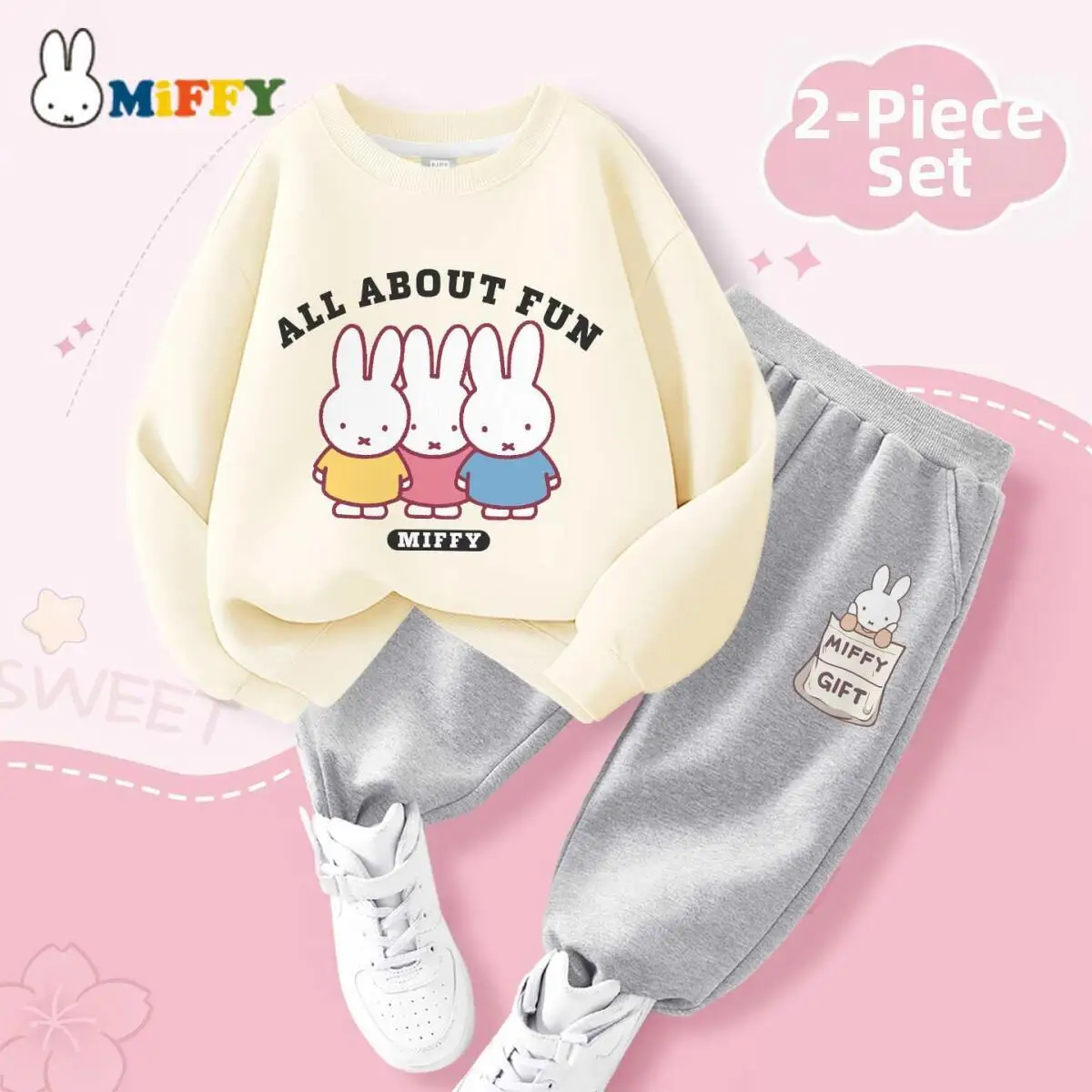Miffy Kawai Set Pantaloni con cappuccio per bambini Cartoon Simpatico set in due pezzi Primavera e autunno Comodo abito caldo alla moda