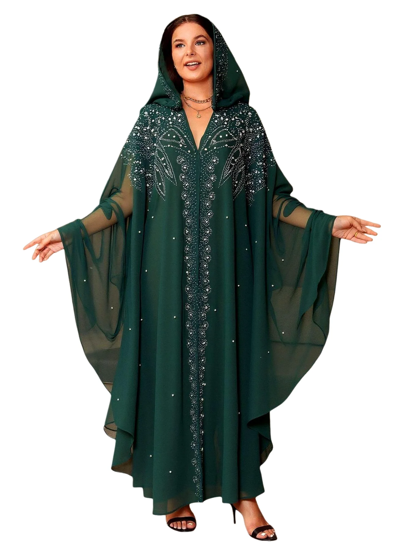 

Fashion African Chiffon Beading Maxi Dress Traditional Clothing Women Hooded Abaya Moroccan Kaftan Muslim Dresses Boubou Robe