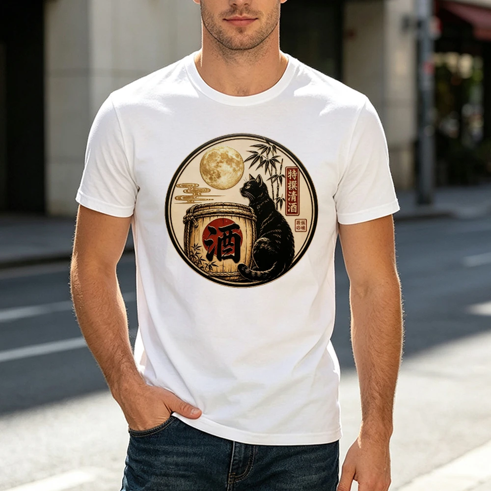 Japanese Sake Barrel Black Cat Graphic Men T Shirt Summer Oriental Moon Bamboo Tee Traditional Asian Culture Clothes