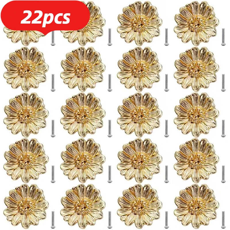 22PCS Floral-shaped drawer pull, alloy decorative kitchen cabinet drawer handle, golden flower handle