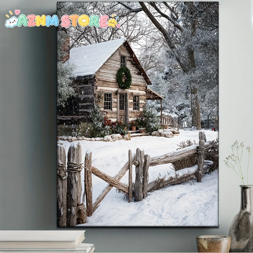 2D Flat 2D Flat 1pc, Framed, 30.48X40.64 Cm [2D Flat] Canvas Print Of A Snowy Log Cabin Adorned With A Wreath And Fence, Depi