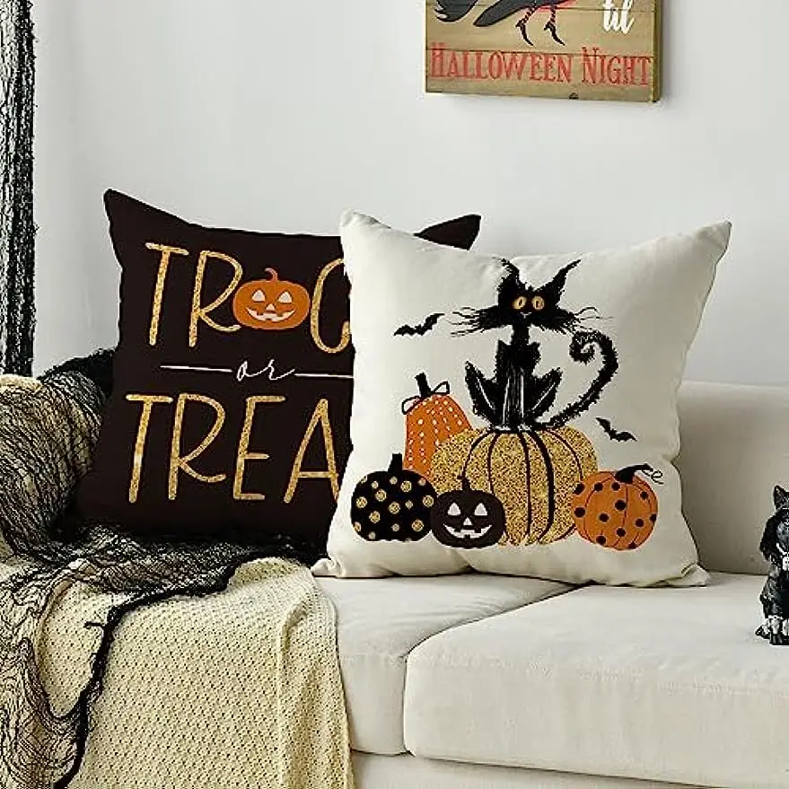 Linen Square Pillow Cover Pumpkin Cat Happy Halloween Trick Or Treat Autumn Decorative Sofa Cushion Cover Living Room