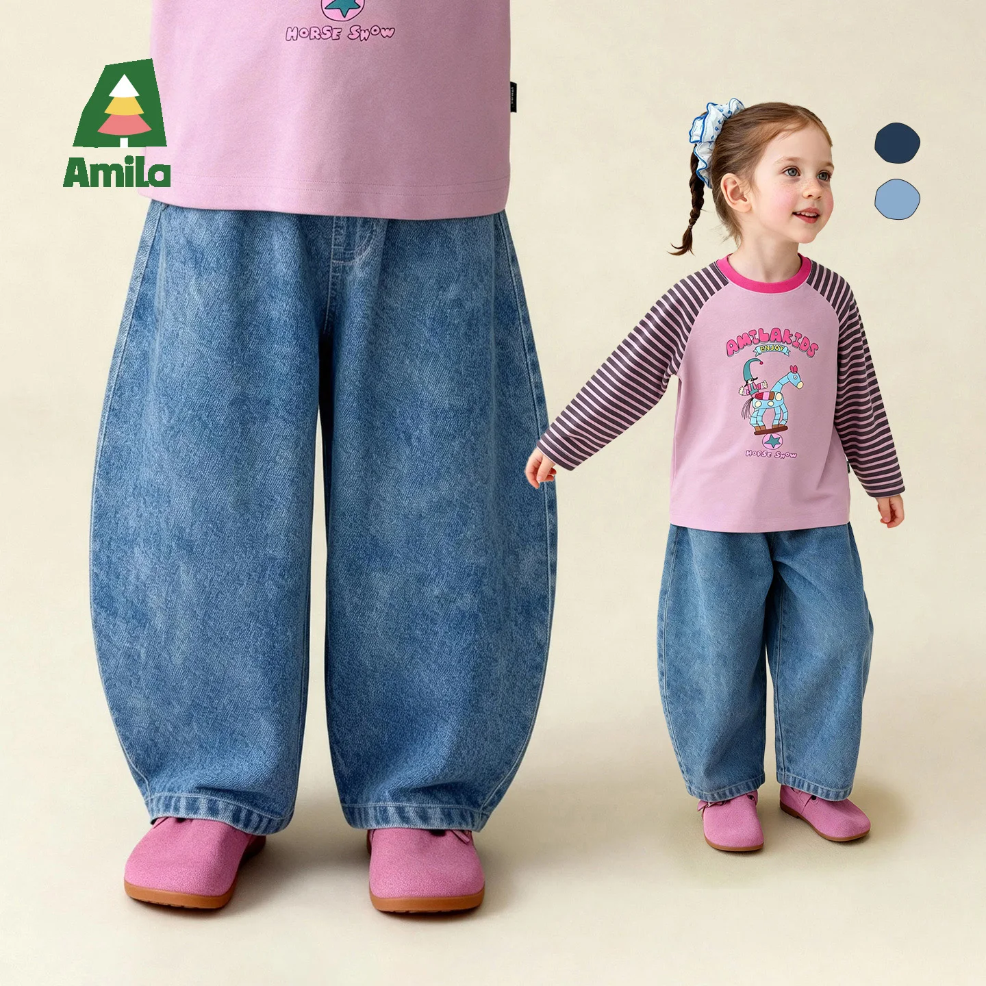 Amila 2026 Spring New Children's Curved Knife Jeans With Elastic Waist, Fashionable And Trendy  Easy To Fit To Various Tops