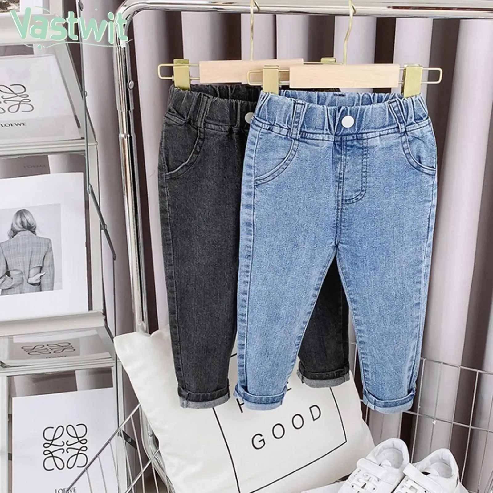 

Little Kids Fashion Casual Korean Jeans Preppy Style Trouser Curly Hem Cotton Solid All-match Denim Pants Streetwear Daily Wear