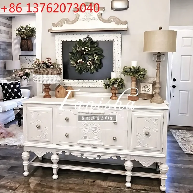 

French entrance cabinet retro European style living room dining side cabinet solid wood carving flower against the wall white