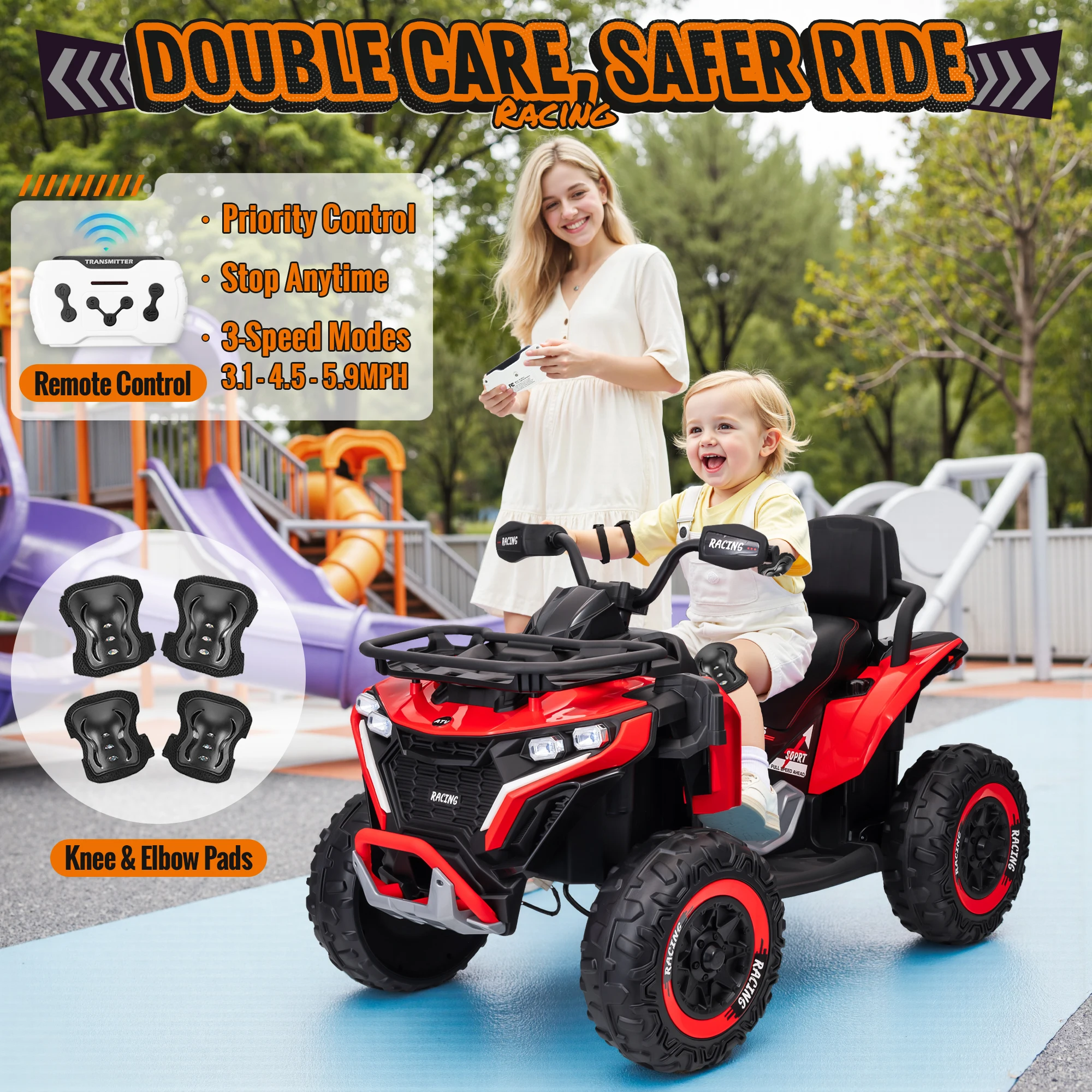 24-V-Fahrt auf dem Auto, Kinder-ATV XL-Vierrad mit EVA-Reifen, 19-Zoll-Leder-2-Sitzer, 800-W-Motoren, Fernbedienung, Knieschützer, Blume,