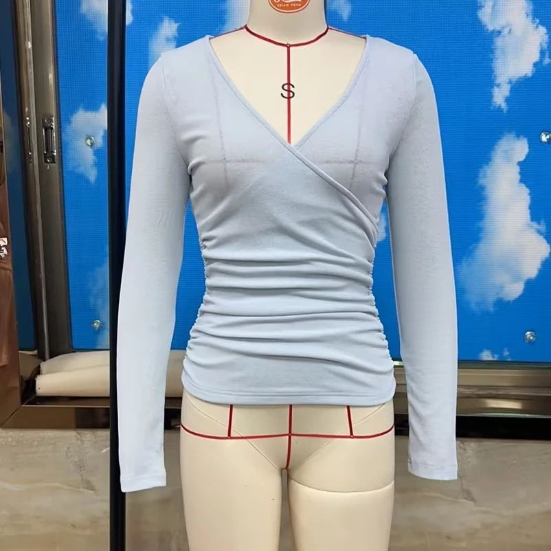 Basic Cotton Womens Halterneck Workout Tops Long Sleeve Cross Wrap V Neck Fashion Solid Color Ruched Slim Fit Yoga Shirts