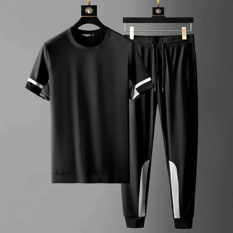 Men's Sets Summer O-Neck tshirts Thin Running Ice Silk Leisure Sports Harem Quick Drying Solid Stitching Leggings Tracksuit