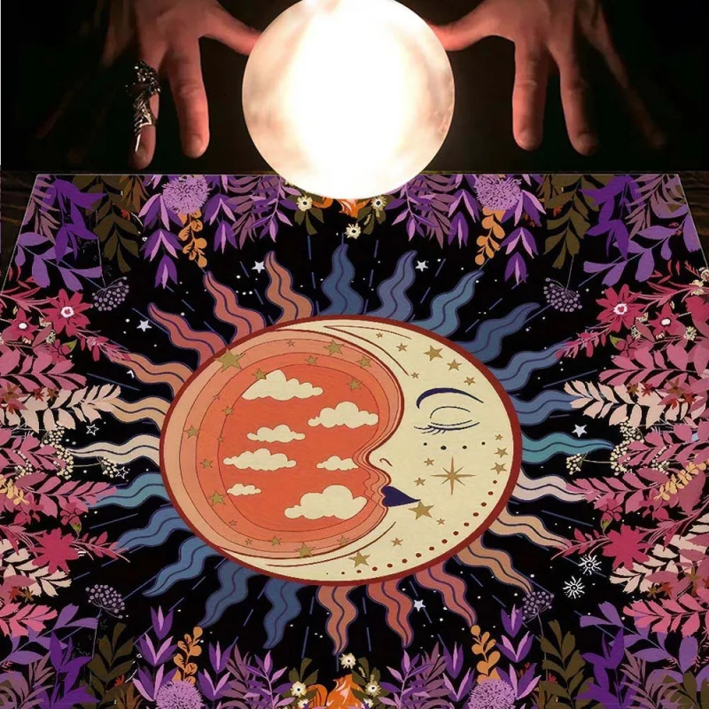 VIKAMA Tarot Tablecloth with Sun, Moon, Flowers, Bohemian Style Divination Mat Tarot Interpretation and Spiritual Ritual
