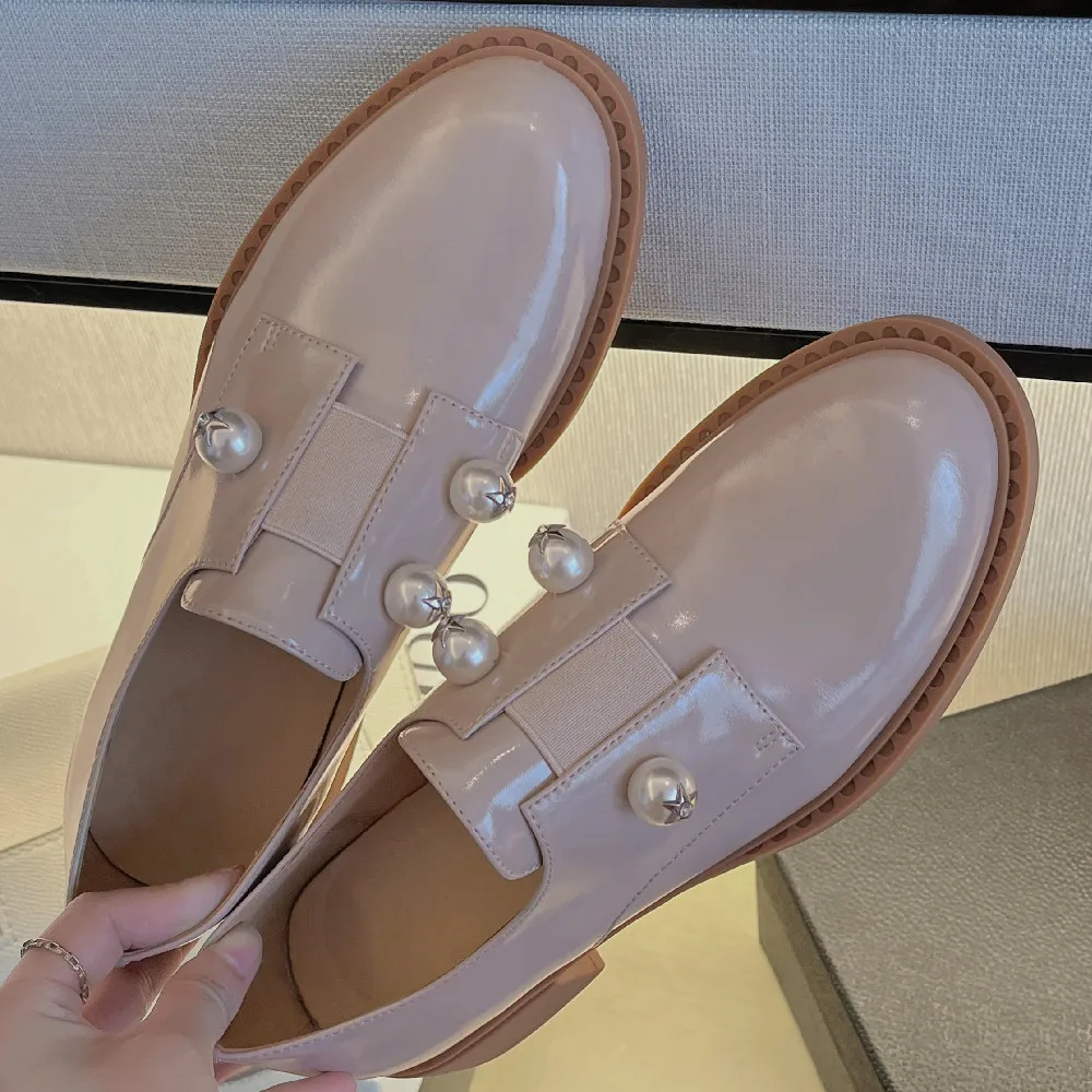 

Women's genuine leather elastic slip-onnn flats oxfords beading decoration round toe casual female high quality loafers shoes