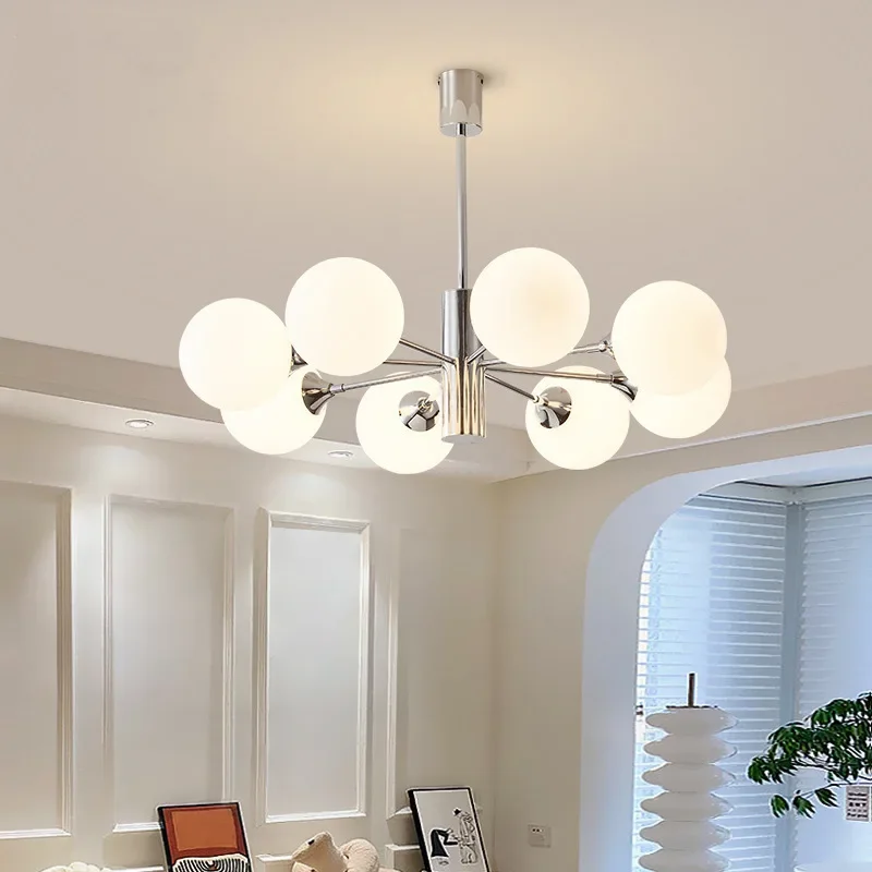

Minimalist Bauhaus Silver Frosted Glass Magic Bean LED Chandelier Indoor Living Room Dining Room Decorative Lighting Fixture G9