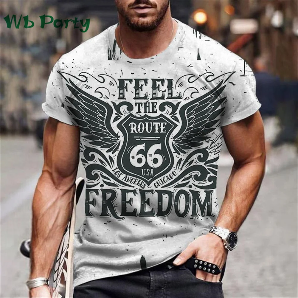 Vintage Men's T-shirt Route 66 Biker Print T-shirts for Man Gym Clothing Short Sleeve Tee Men T-shirts Mens Clothing O-Neck Tops