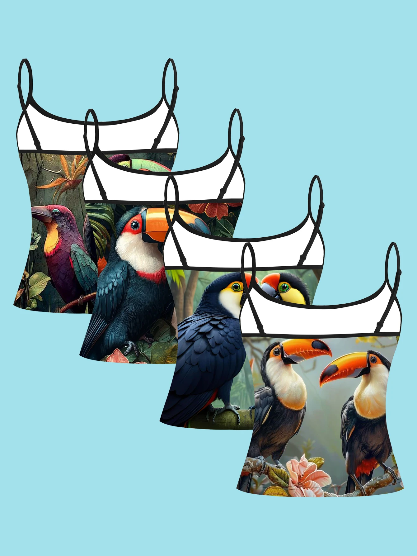 4-Piece Set with Rainforest Double Bird Pattern Camisole Set, Toucan Parrot Floral and Green Plant Design, Women's Spaghetti Strap Inner Layer Base Shirt