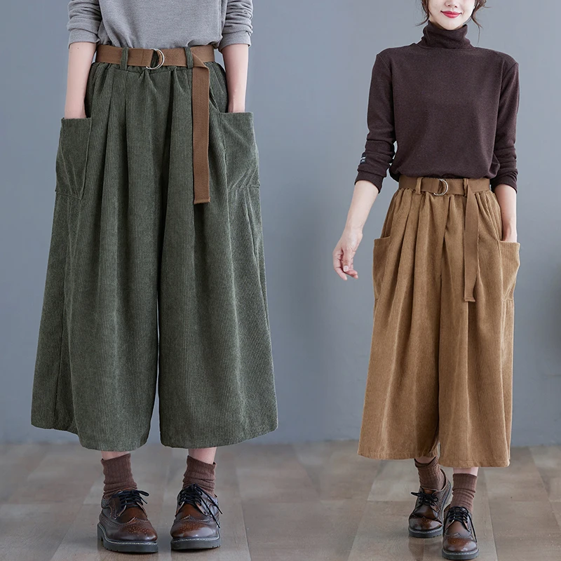 Retro Corduroy Wide Leg Pants Women's Autumn Winter New Style plus Size Elastic Waist Loose Slimming Versatile Seven-Foot Pants