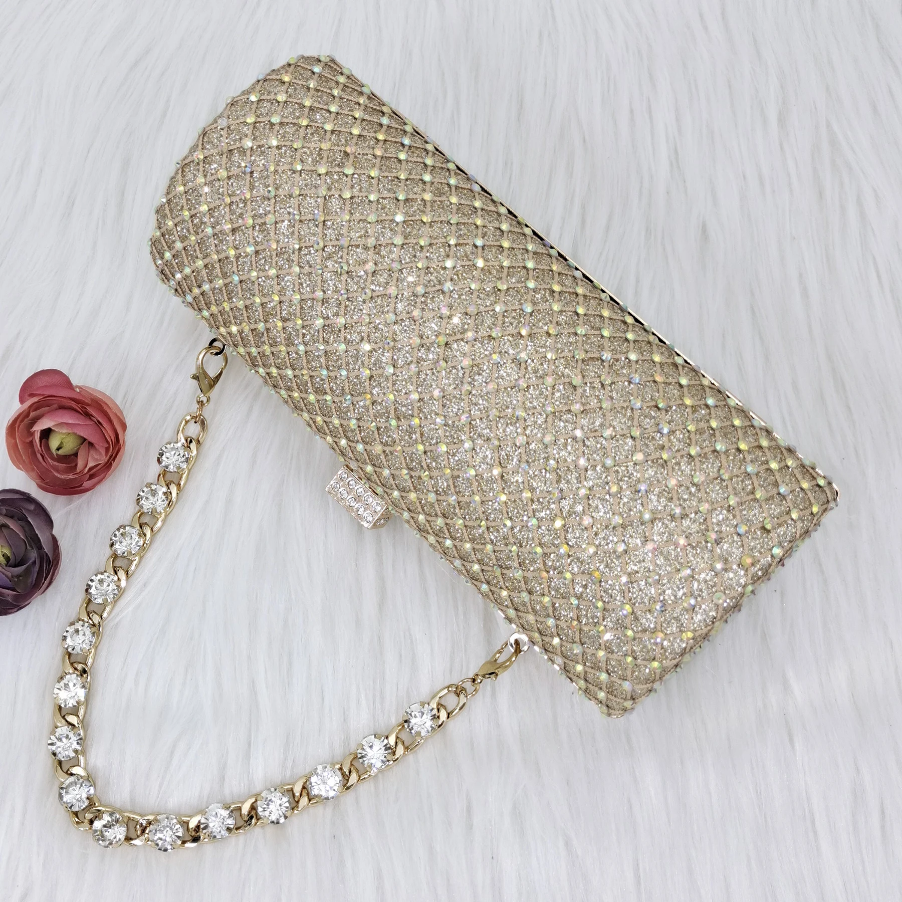 QSGFC Gold Color Crystal Mesh Round Hard Bag  Evening Clutch Girly Fashion Small Bag Long Shoulder Strap Two-Way Bag