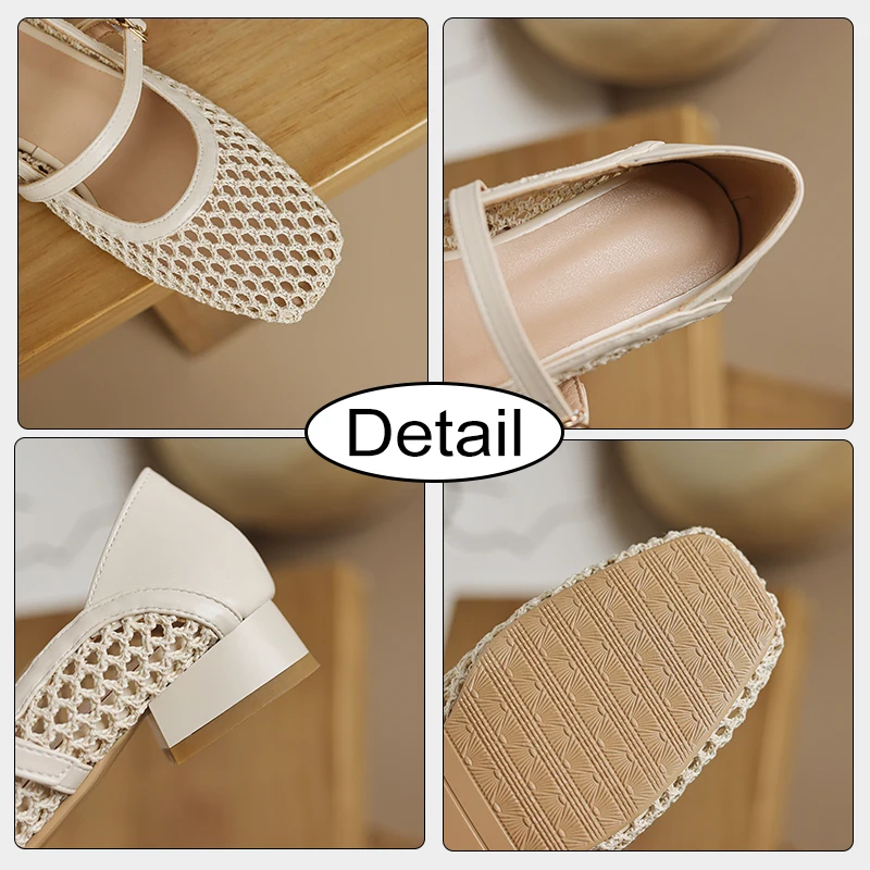 JOZHAMTA size 33-43 women fishnet flats shoes breath mesh mid thick heels summer sandals buckle strap casual daily office dress