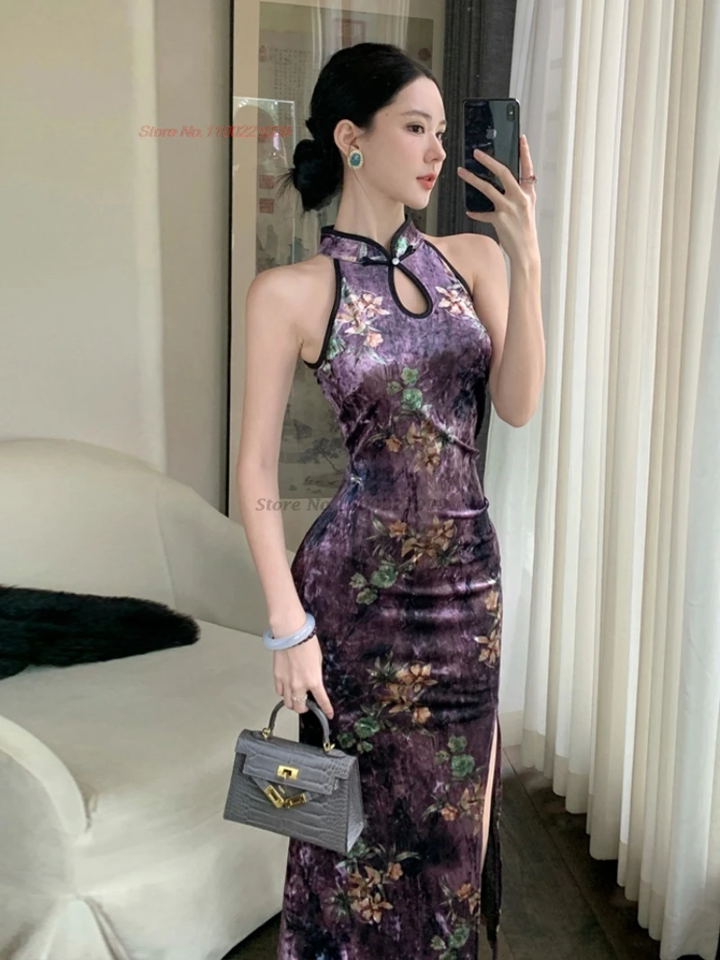 

2025 chinese sexy dress improved velvet cheongsam flower print sleeveless qipao nightclub banquet evening dress qipao vestido
