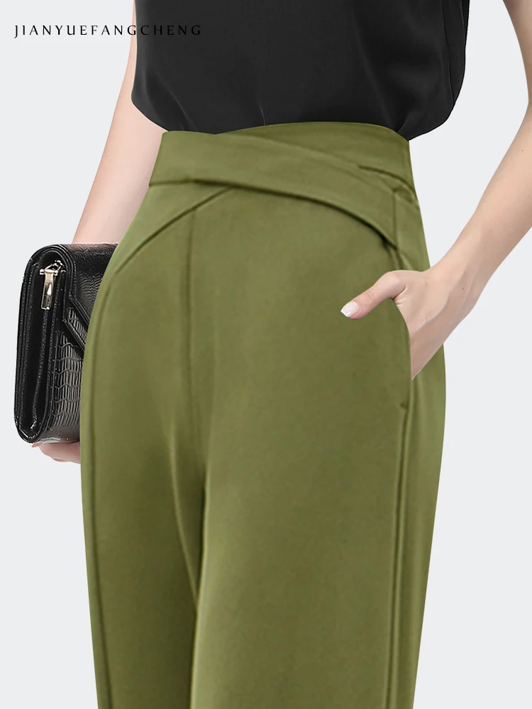 Fashion Army Green Women\' Suit Pants 2022 Spring Summer Lightweight High Waist Long Trousers Loose Straight Wide Leg Pants