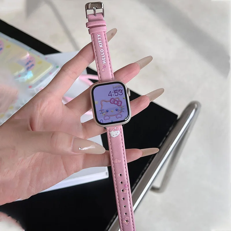 Cartoon Hello Kitty Thin Leather Strap 38/40/41mm 42/44/45/49mm Suitable For Apple Watch Replacement Strap Hand Decoration Gifts