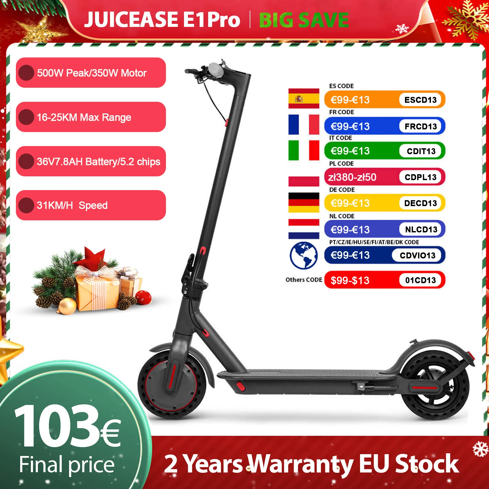 JUICEASE E1 Pro Elektroroller, 350 W Motor, 500 W Spitzenleistung, zusammenklappbarer elektrischer Tretroller, 36 V, 7,8 Ah, 5,2 Chips, 25 km Reichweite