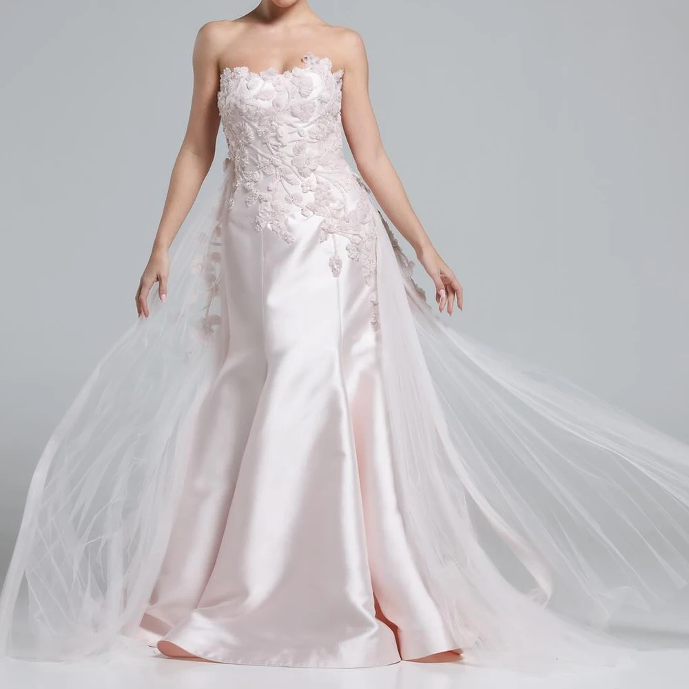 

CustomizedCustomized Fashion Appliques Draped Strapless Floor Length Evening Dress Straight Satin Sweep Train Sleeveless платье