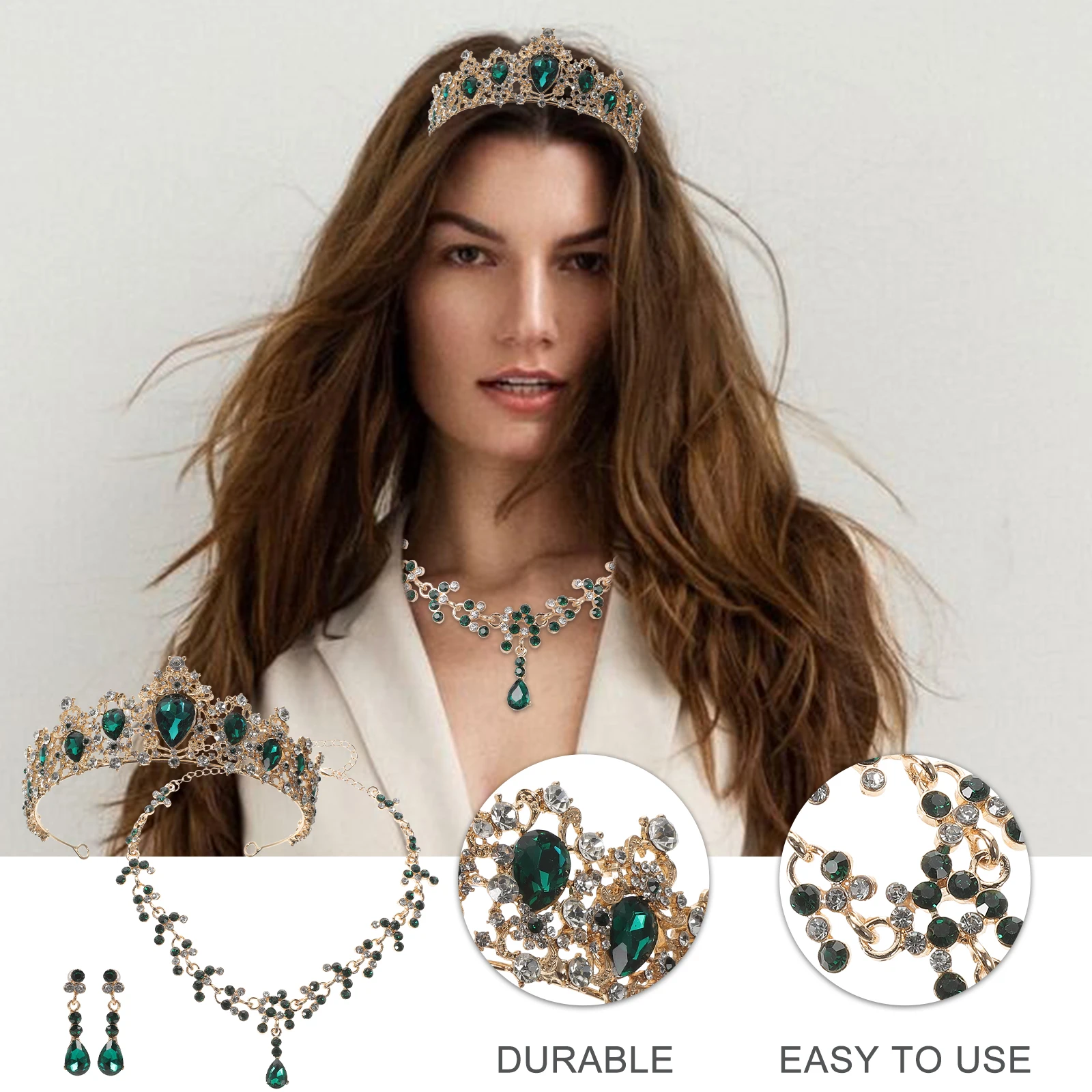 

Green Crown Necklace Earring Set Elegant Jewelry Wedding Dress Accessories Stylish Costume For Women Female Bridal