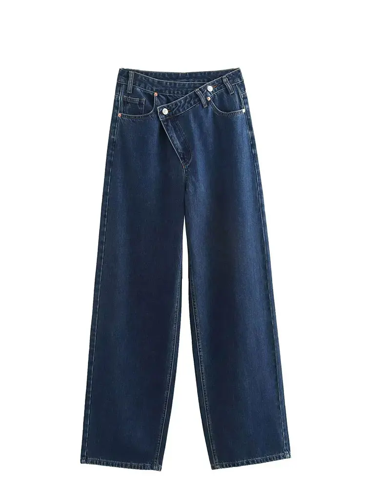 Damenhose, Denim, solide, asymmetrisch, hohe Taille, gerade, lange Hose, Damen, vielseitig, Basic, 2025, neue Damen-Jeans mit weitem Bein