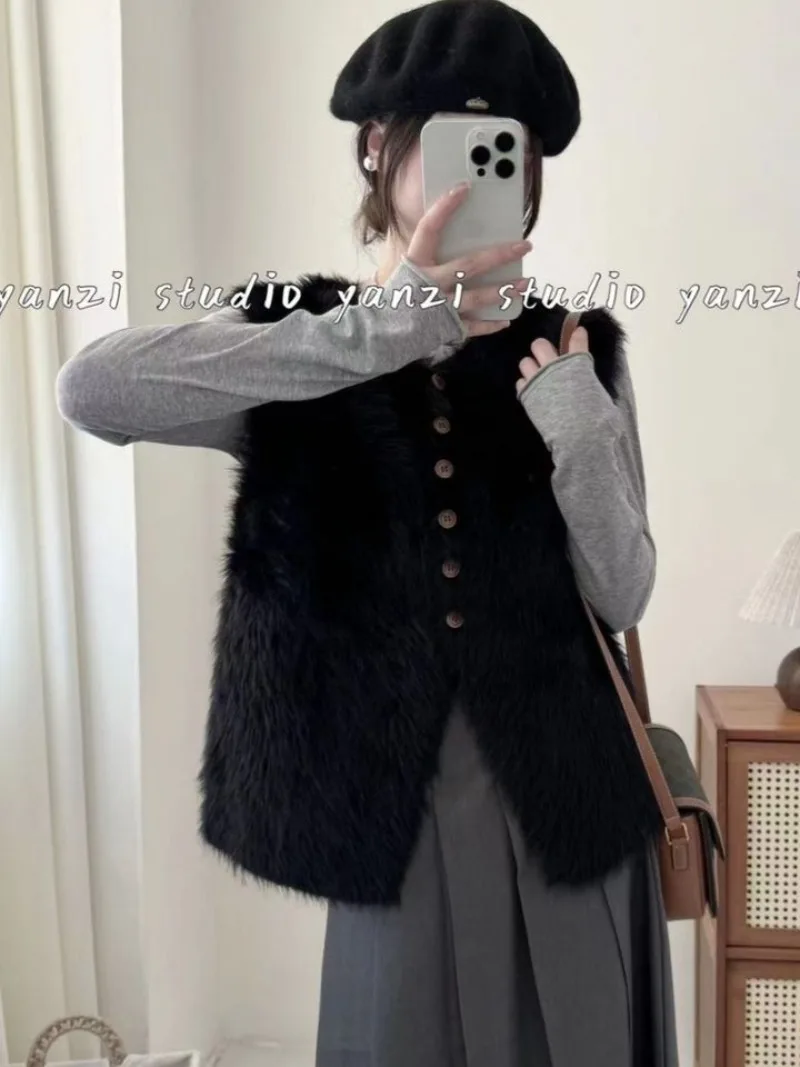 Autumn Winter V Neck Knitted Vest Women Chunky Oversized Faux Mink Fur Cardigan Coat Casual Outerwear