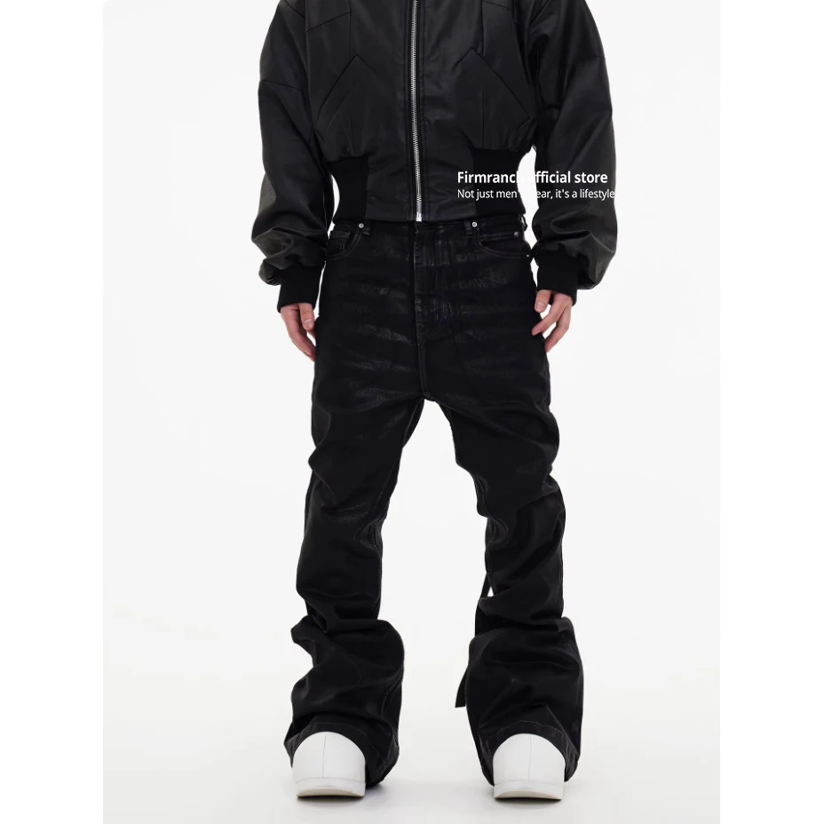 Firmranch American High Street Punk Dark Style Oil Wax-Coated Streamer Wide-Leg Slightly Flared Stacked Jeans For Men Women
