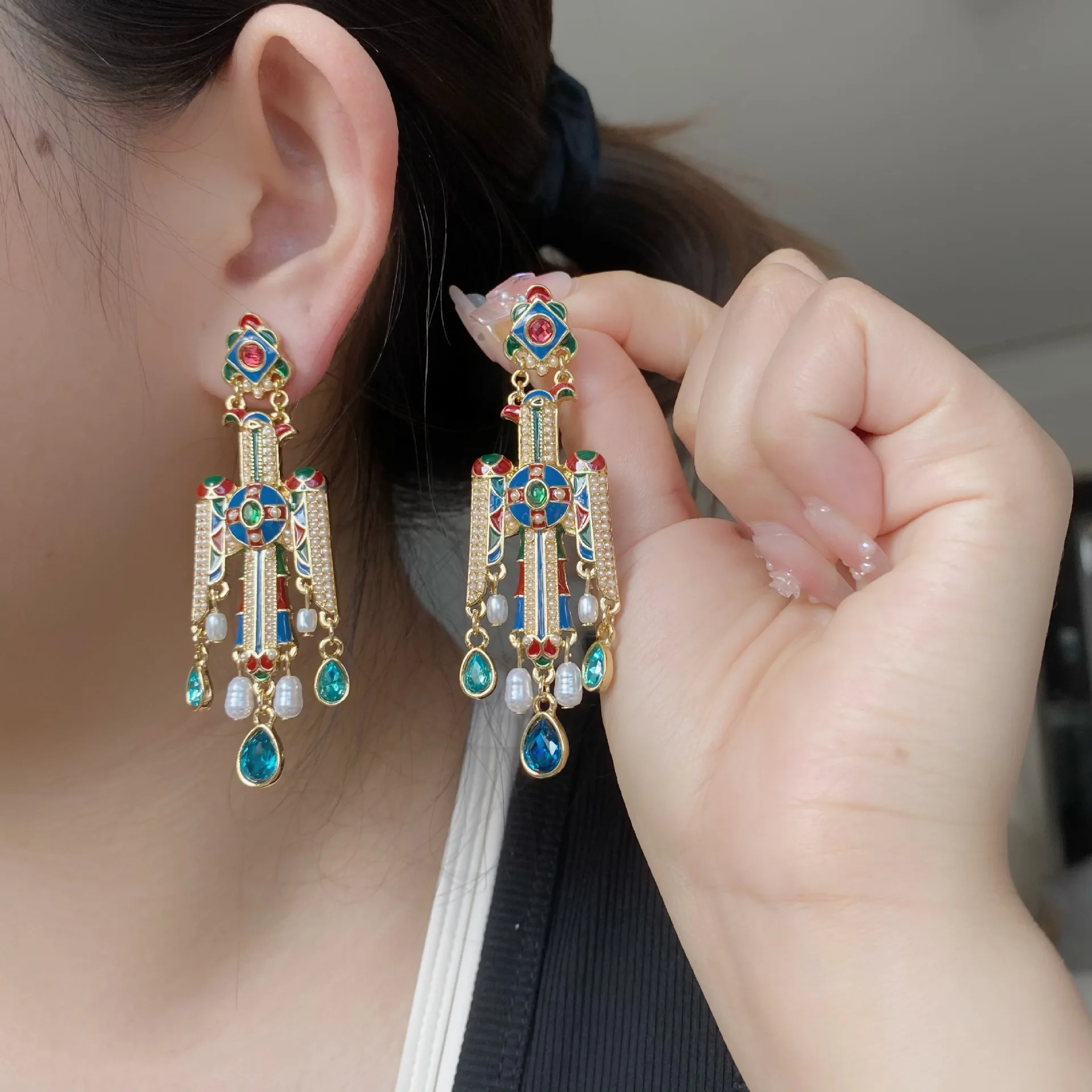 Ancient Egyptian Style Enamel Dangle Earrings Horus Eagle Pattern Color CZ Imitation Pearl Long Drop Statement Earrings