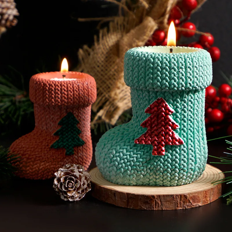 Gypsum Mold Christmas Woolen Socks Candle Cup Mold Embossed Christmas Tree Socks Ornament Silicone Mold